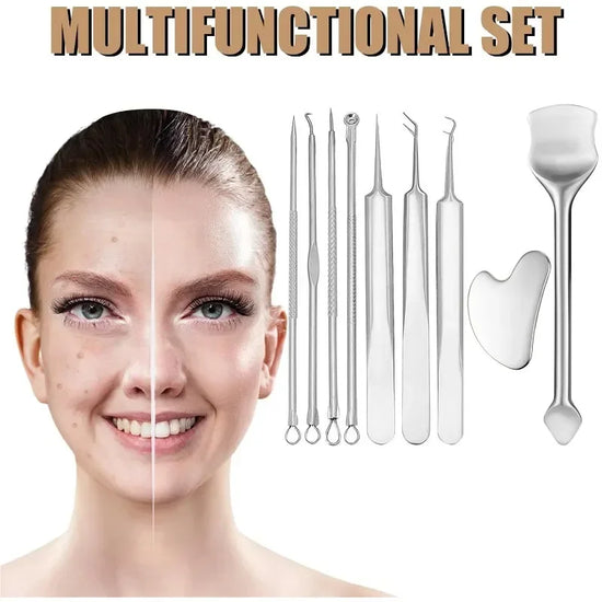 7/10Pcs Pore Prep Tool Skin Scraping Acne Treatment Kit Blackhead Removal Cleansing Comedone Pimple Extractor Spoon Face Care